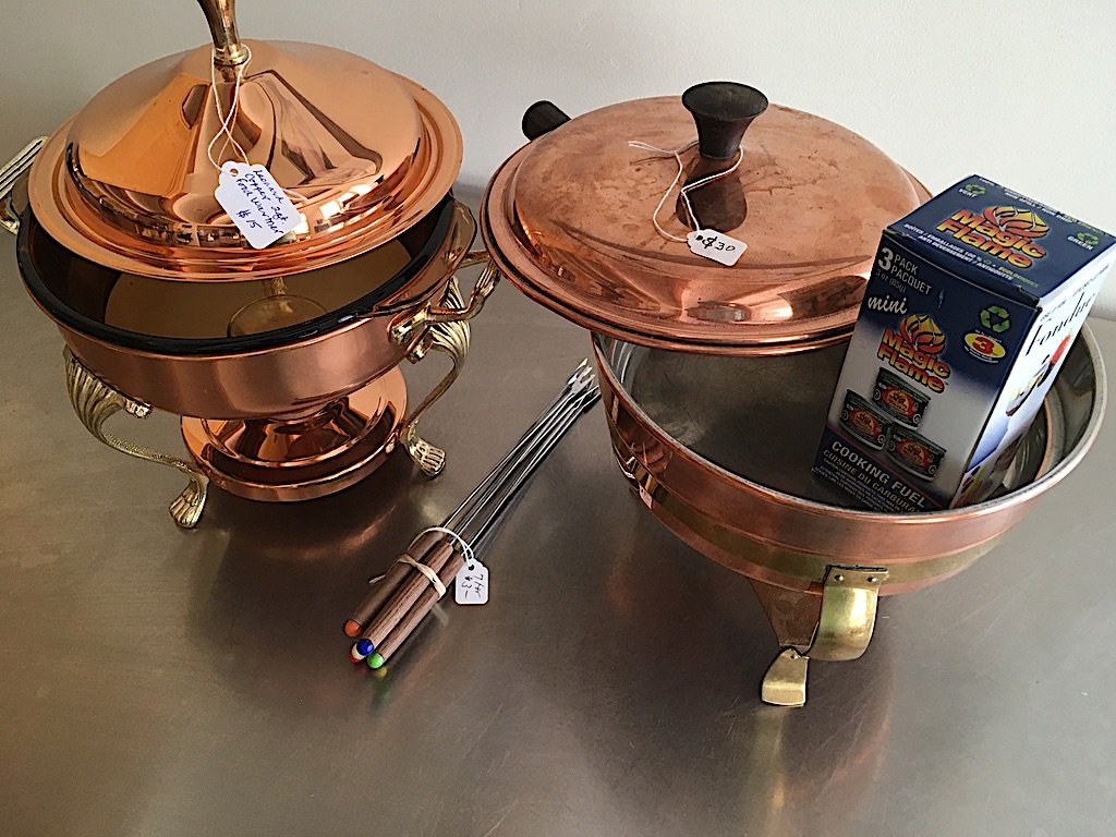 Vintage copper chafing dishes and fondue forks